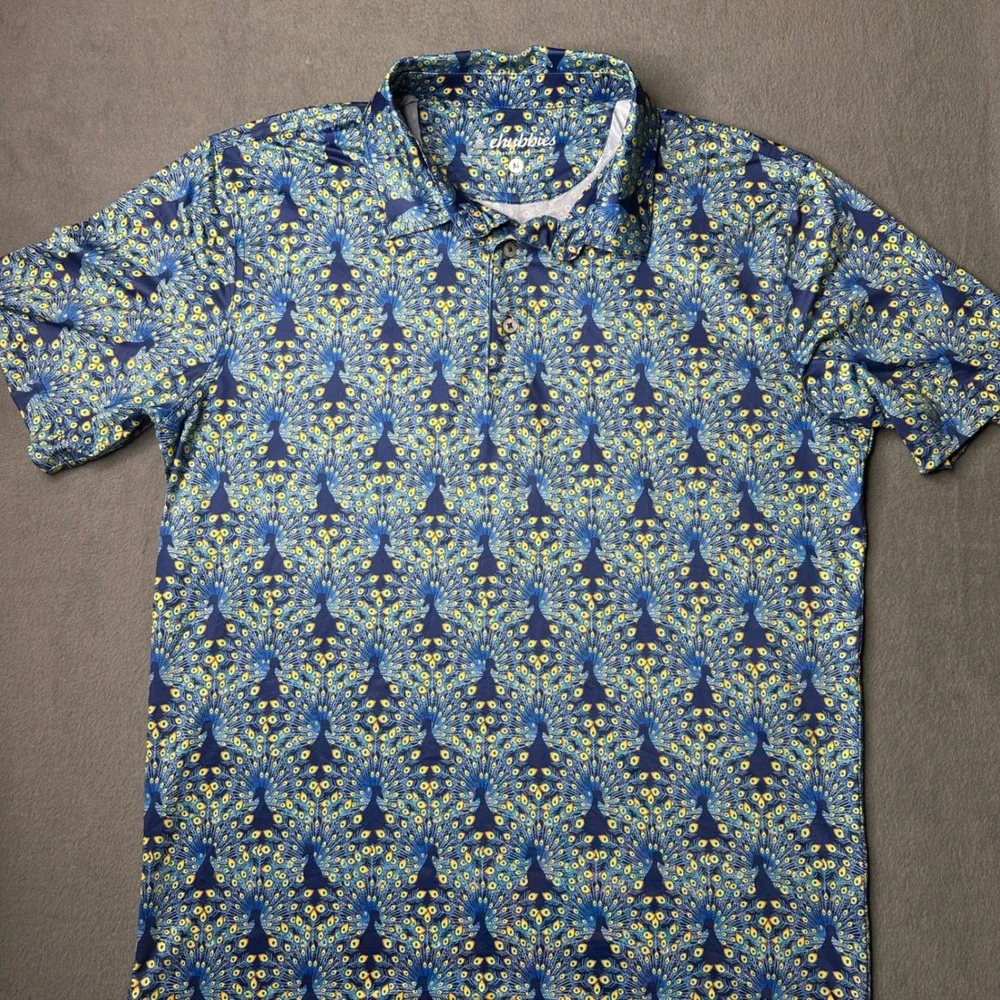 Chubbies Polo Shirt Medium Blue Peacock Feather Print SS24CA1005H Short Sleeve - Picture 4 of 9